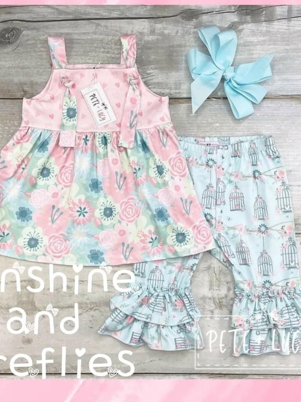 Girls Floral Pink & Light Blue Matching Set with Ruffle capri Pants